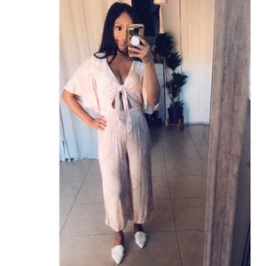 White and blush front tye jumpsuit